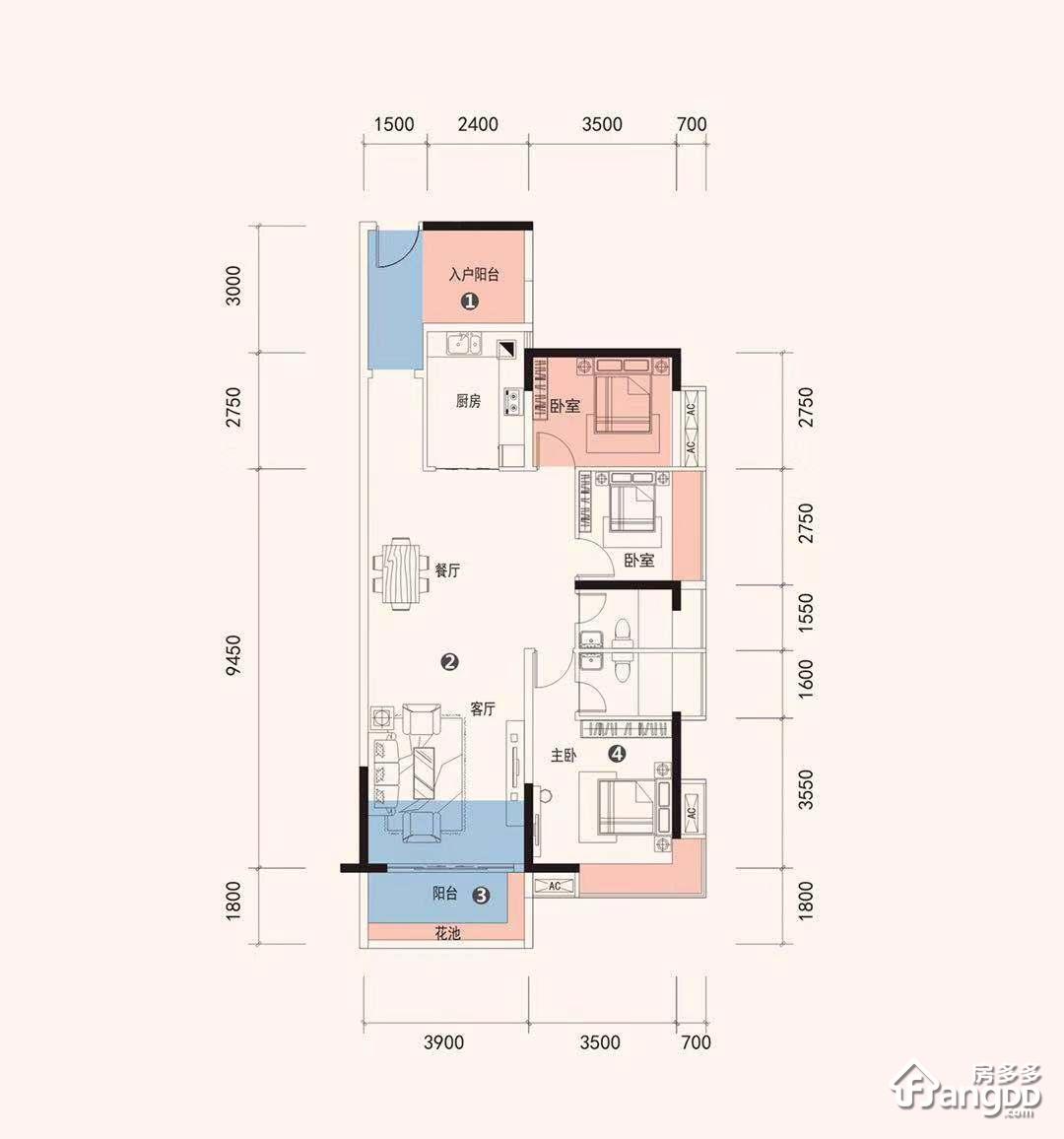 华泓星岸城3室2厅2卫户型图